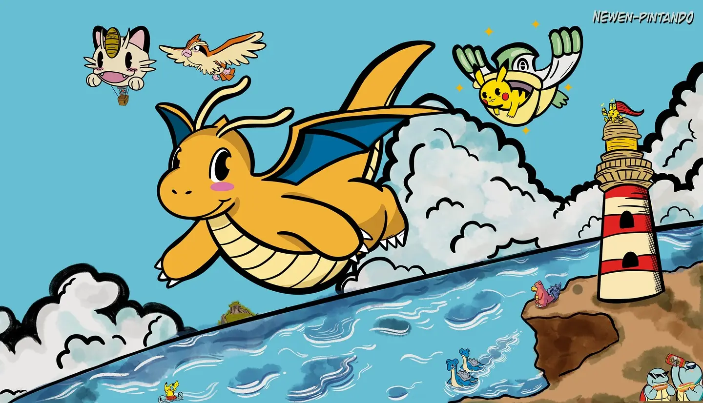 Dragonite sobrevolando el faro