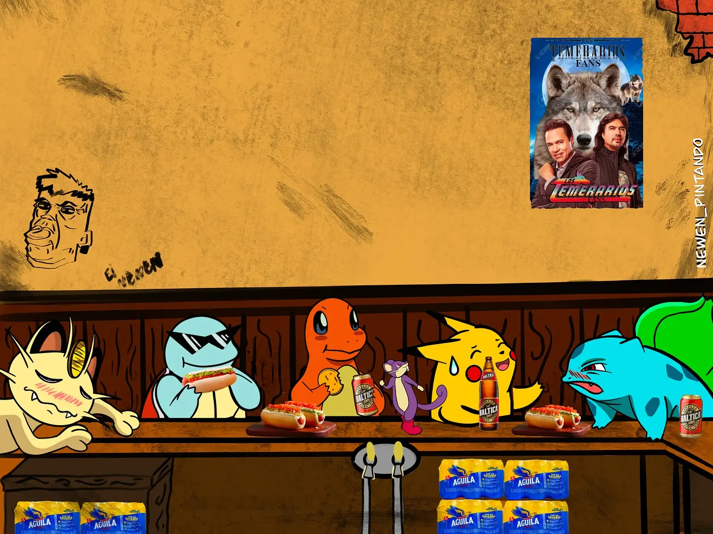 Los iniciales y Meowth en el bar